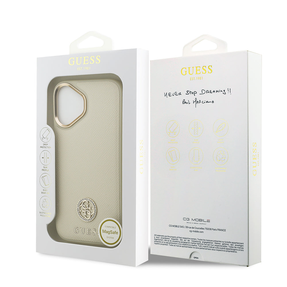 iPhone 17 Kılıf Guess Orijinal Lisanslı M-safe Şarj Özellikli Grained Yazı ve Taşlı 4G Logolu Kılıf