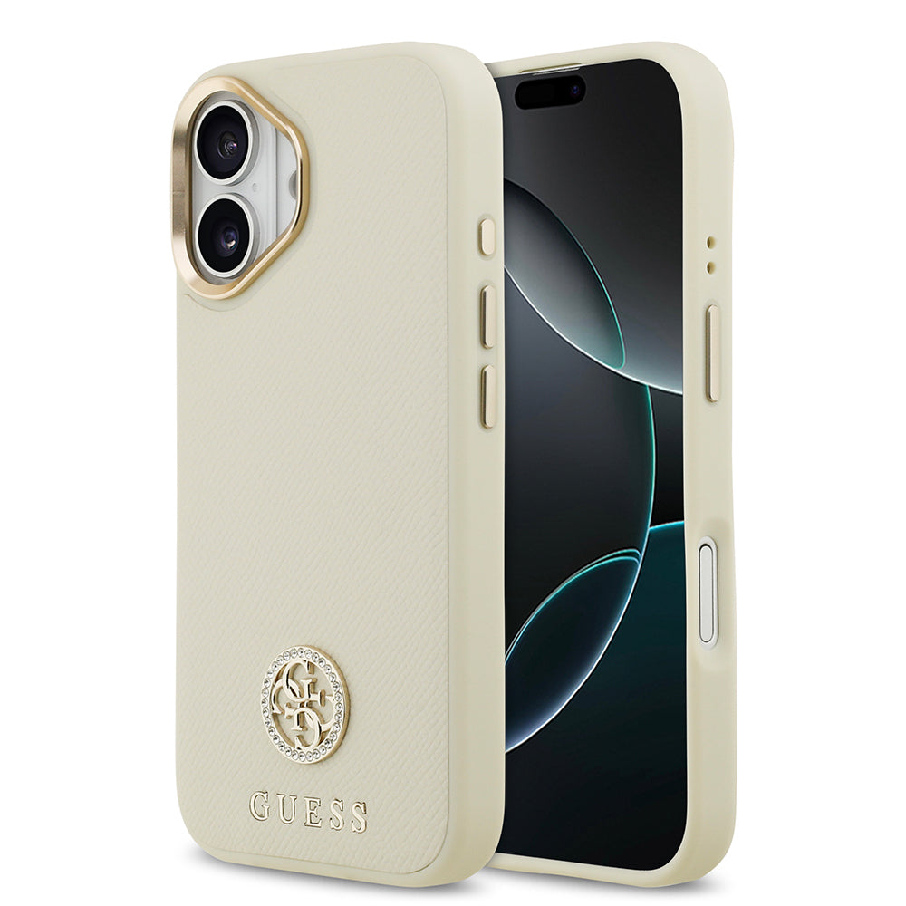 iPhone 17 Kılıf Guess Orijinal Lisanslı M-safe Şarj Özellikli Grained Yazı ve Taşlı 4G Logolu Kılıf