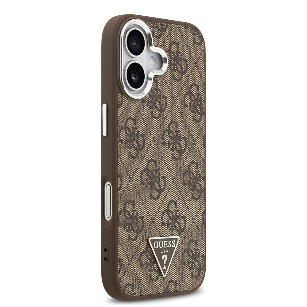 iPhone 17 Kılıf Guess Orijinal Lisanslı M-safe Şarj Özellikli Gümüş Metal Kamera Çerçeveli Üçgen Logo 4G Desenli Kılıf