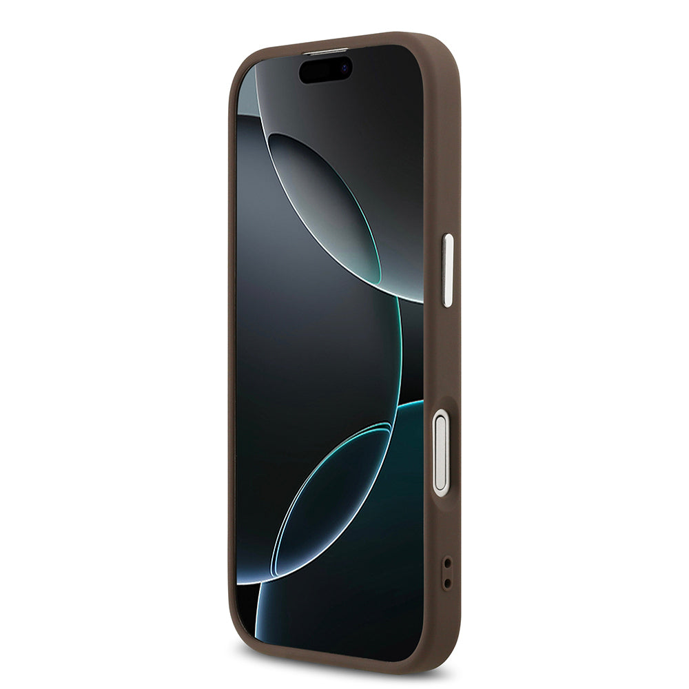 iPhone 17 Kılıf Guess Orijinal Lisanslı M-safe Şarj Özellikli Gümüş Metal Kamera Çerçeveli Üçgen Logo 4G Desenli Kılıf