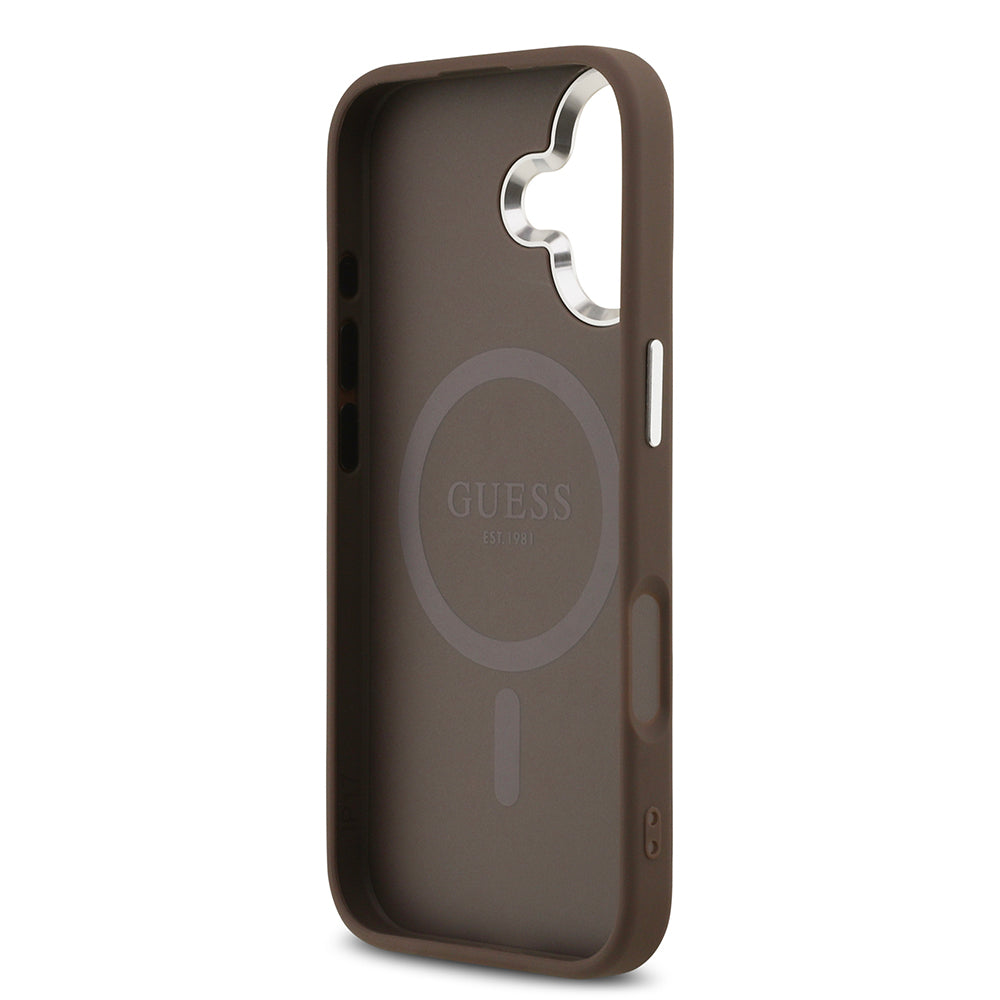 iPhone 17 Kılıf Guess Orijinal Lisanslı M-safe Şarj Özellikli Gümüş Metal Kamera Çerçeveli Üçgen Logo 4G Desenli Kılıf