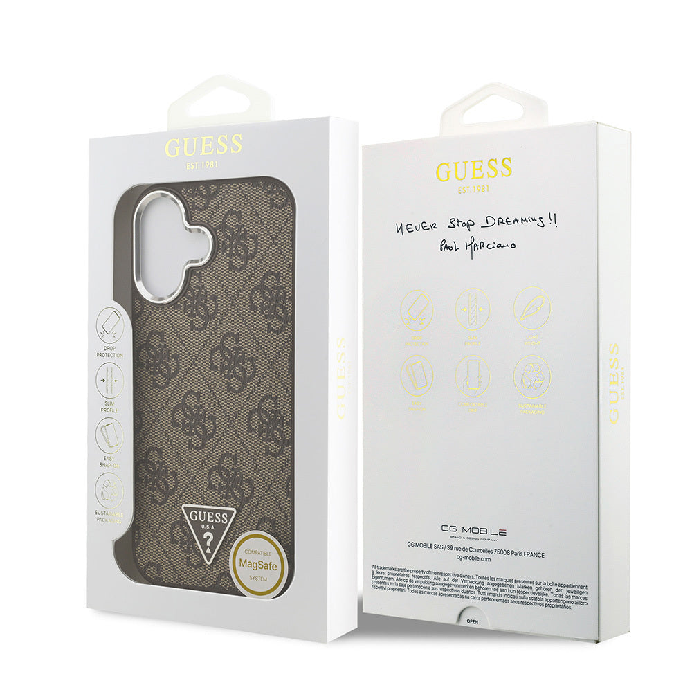 iPhone 17 Kılıf Guess Orijinal Lisanslı M-safe Şarj Özellikli Gümüş Metal Kamera Çerçeveli Üçgen Logo 4G Desenli Kılıf