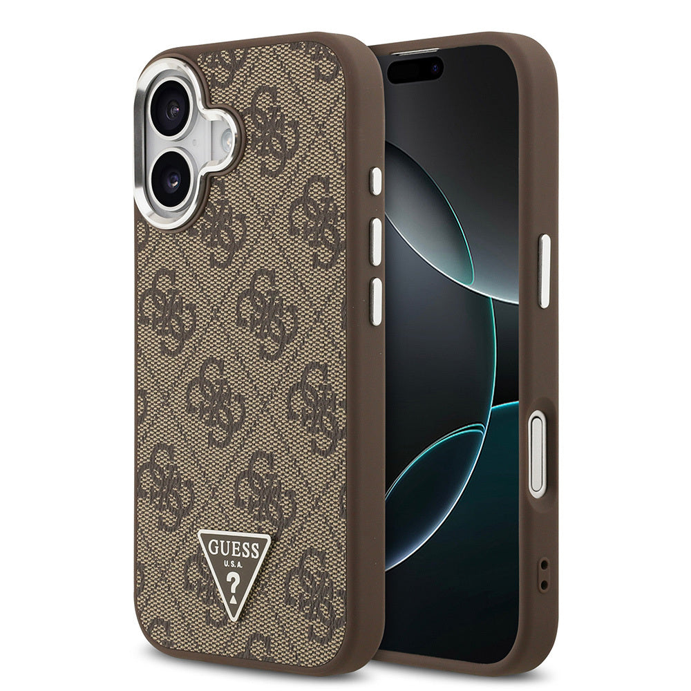 iPhone 17 Kılıf Guess Orijinal Lisanslı M-safe Şarj Özellikli Gümüş Metal Kamera Çerçeveli Üçgen Logo 4G Desenli Kılıf