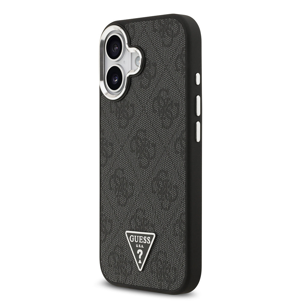 iPhone 17 Kılıf Guess Orijinal Lisanslı M-safe Şarj Özellikli Gümüş Metal Kamera Çerçeveli Üçgen Logo 4G Desenli Kılıf