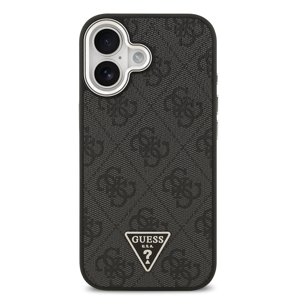 iPhone 17 Kılıf Guess Orijinal Lisanslı M-safe Şarj Özellikli Gümüş Metal Kamera Çerçeveli Üçgen Logo 4G Desenli Kılıf