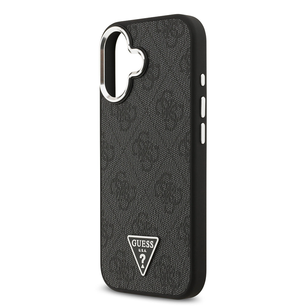 iPhone 17 Kılıf Guess Orijinal Lisanslı M-safe Şarj Özellikli Gümüş Metal Kamera Çerçeveli Üçgen Logo 4G Desenli Kılıf