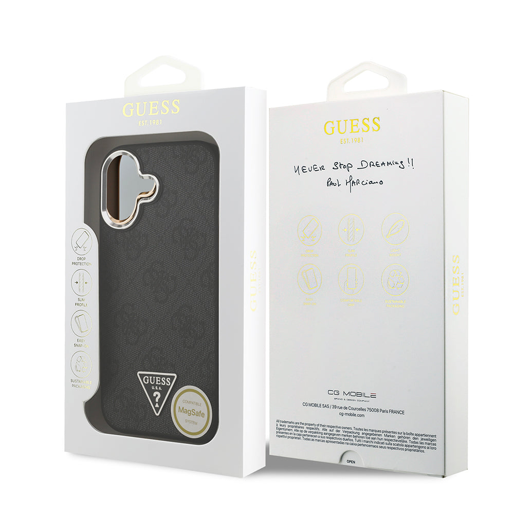 iPhone 17 Kılıf Guess Orijinal Lisanslı M-safe Şarj Özellikli Gümüş Metal Kamera Çerçeveli Üçgen Logo 4G Desenli Kılıf
