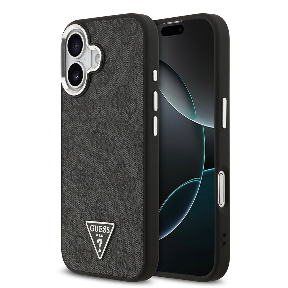 iPhone 17 Kılıf Guess Orijinal Lisanslı M-safe Şarj Özellikli Gümüş Metal Kamera Çerçeveli Üçgen Logo 4G Desenli Kılıf