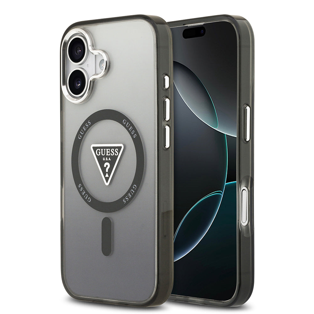 iPhone 17 Kılıf Guess Orijinal Lisanslı M-safe Şarj Özellikli IML Baskılı Üçgen Logolu Metal Kamera Çerçeveli Kılıf
