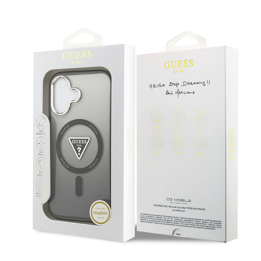 iPhone 17 Kılıf Guess Orijinal Lisanslı M-safe Şarj Özellikli IML Baskılı Üçgen Logolu Metal Kamera Çerçeveli Kılıf