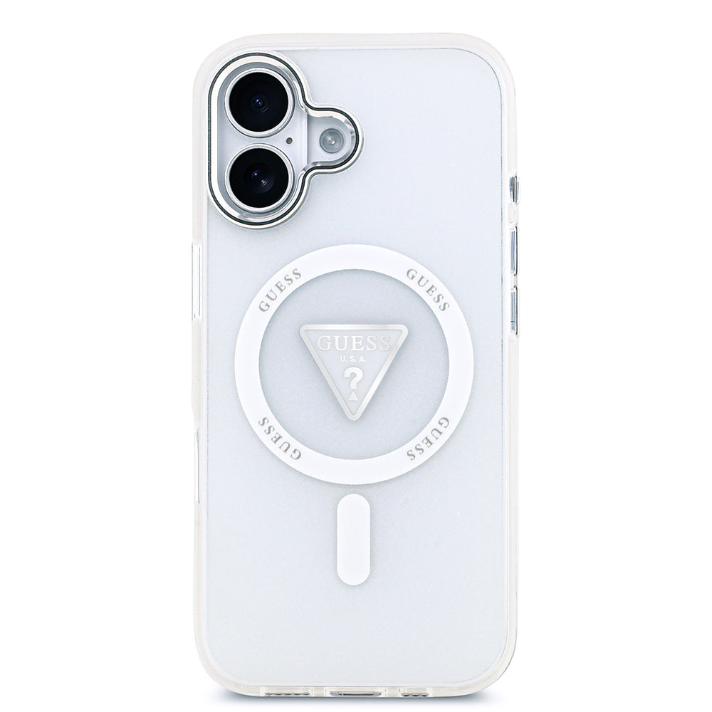 iPhone 17 Kılıf Guess Orijinal Lisanslı M-safe Şarj Özellikli IML Baskılı Üçgen Logolu Metal Kamera Çerçeveli Kılıf