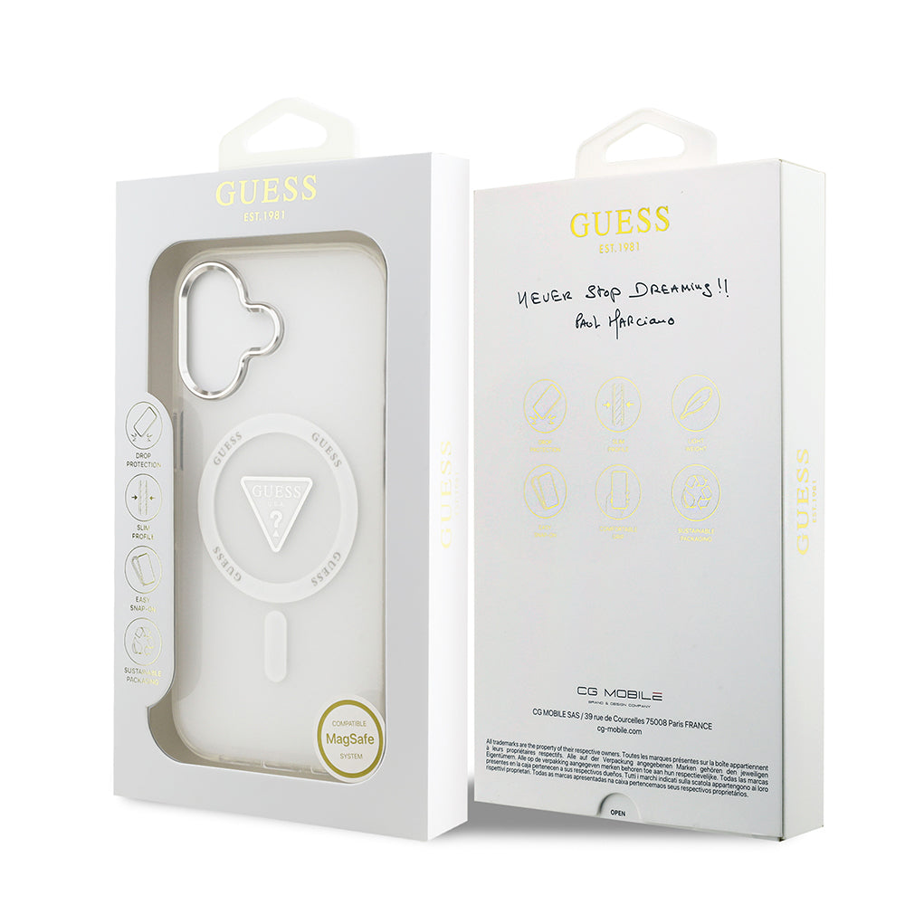 iPhone 17 Kılıf Guess Orijinal Lisanslı M-safe Şarj Özellikli IML Baskılı Üçgen Logolu Metal Kamera Çerçeveli Kılıf