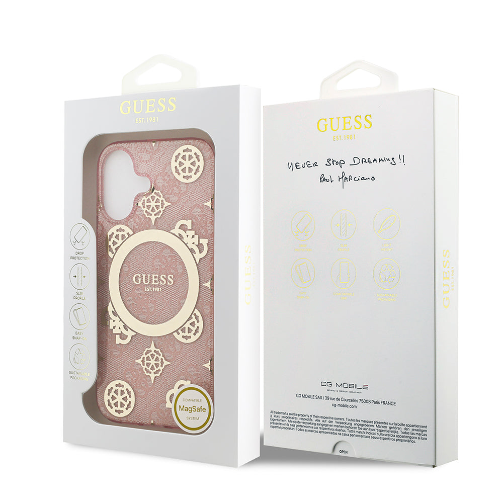iPhone 17 Kılıf Guess Orijinal Lisanslı M-safe Şarj Özellikli IML Peony ve 4G Desenli Klasik Logolu Kılıf