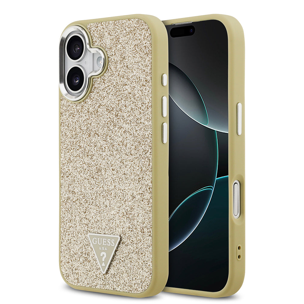 iPhone 17 Kılıf Guess Orijinal Lisanslı M-safe Şarj Özellikli Metal Kamera Çerçeveli Üçgen Logolu Glitter Kılıf