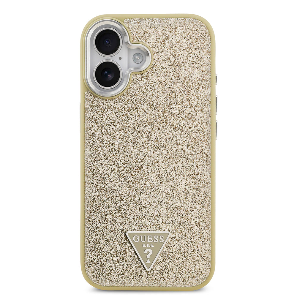 iPhone 17 Kılıf Guess Orijinal Lisanslı M-safe Şarj Özellikli Metal Kamera Çerçeveli Üçgen Logolu Glitter Kılıf