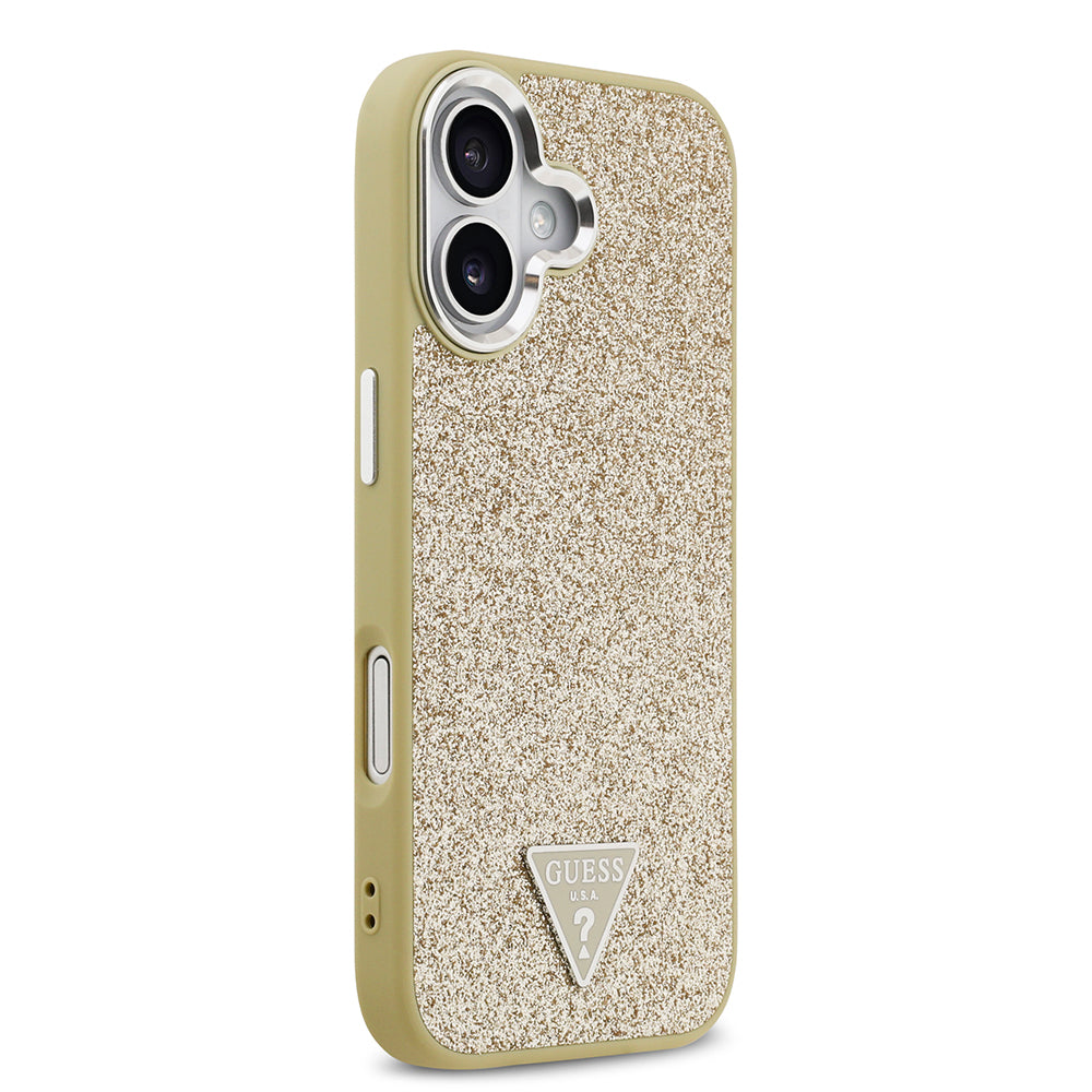 iPhone 17 Kılıf Guess Orijinal Lisanslı M-safe Şarj Özellikli Metal Kamera Çerçeveli Üçgen Logolu Glitter Kılıf