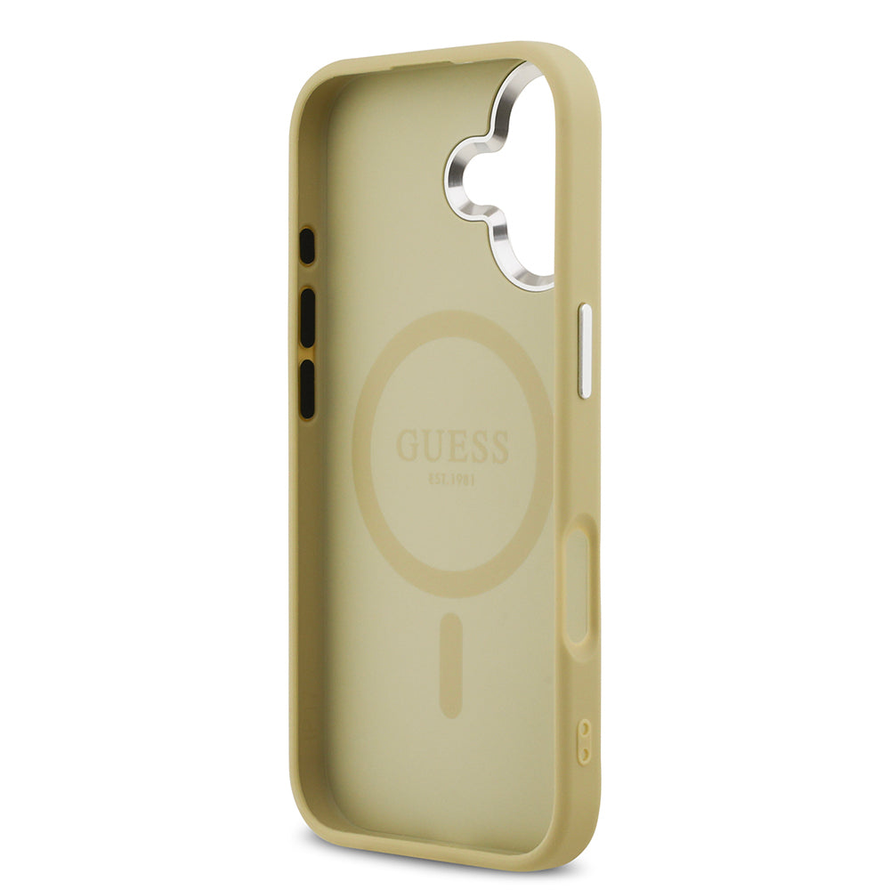 iPhone 17 Kılıf Guess Orijinal Lisanslı M-safe Şarj Özellikli Metal Kamera Çerçeveli Üçgen Logolu Glitter Kılıf