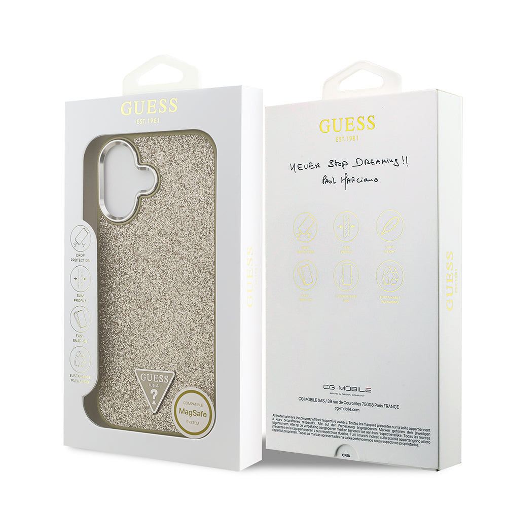 iPhone 17 Kılıf Guess Orijinal Lisanslı M-safe Şarj Özellikli Metal Kamera Çerçeveli Üçgen Logolu Glitter Kılıf