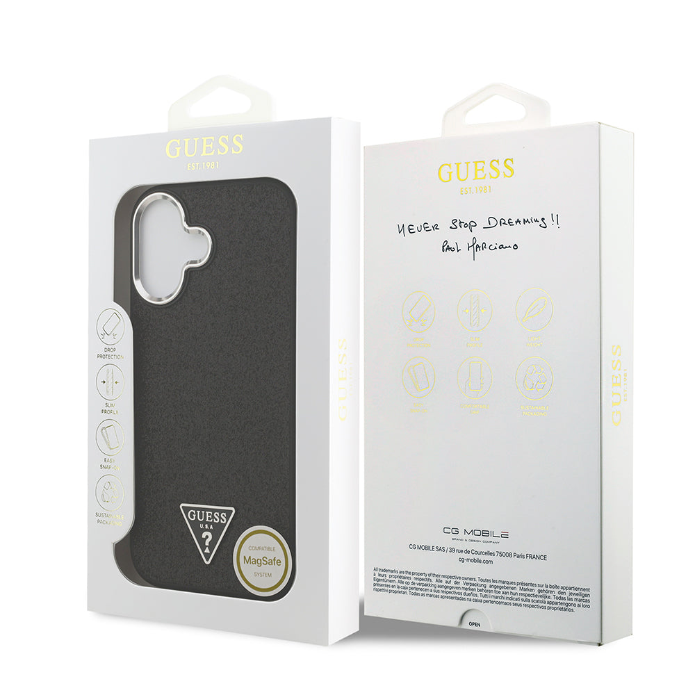 iPhone 17 Kılıf Guess Orijinal Lisanslı M-safe Şarj Özellikli Metal Kamera Çerçeveli Üçgen Logolu Glitter Kılıf