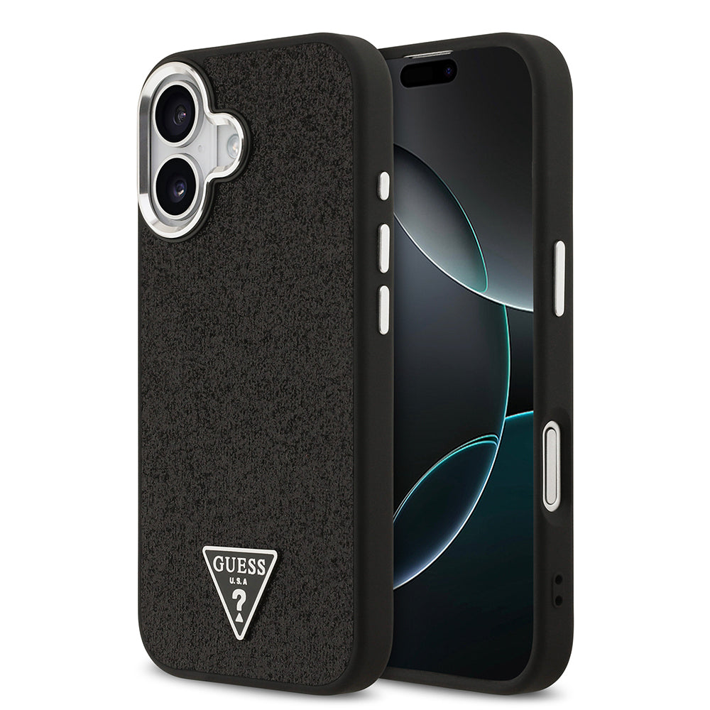 iPhone 17 Kılıf Guess Orijinal Lisanslı M-safe Şarj Özellikli Metal Kamera Çerçeveli Üçgen Logolu Glitter Kılıf