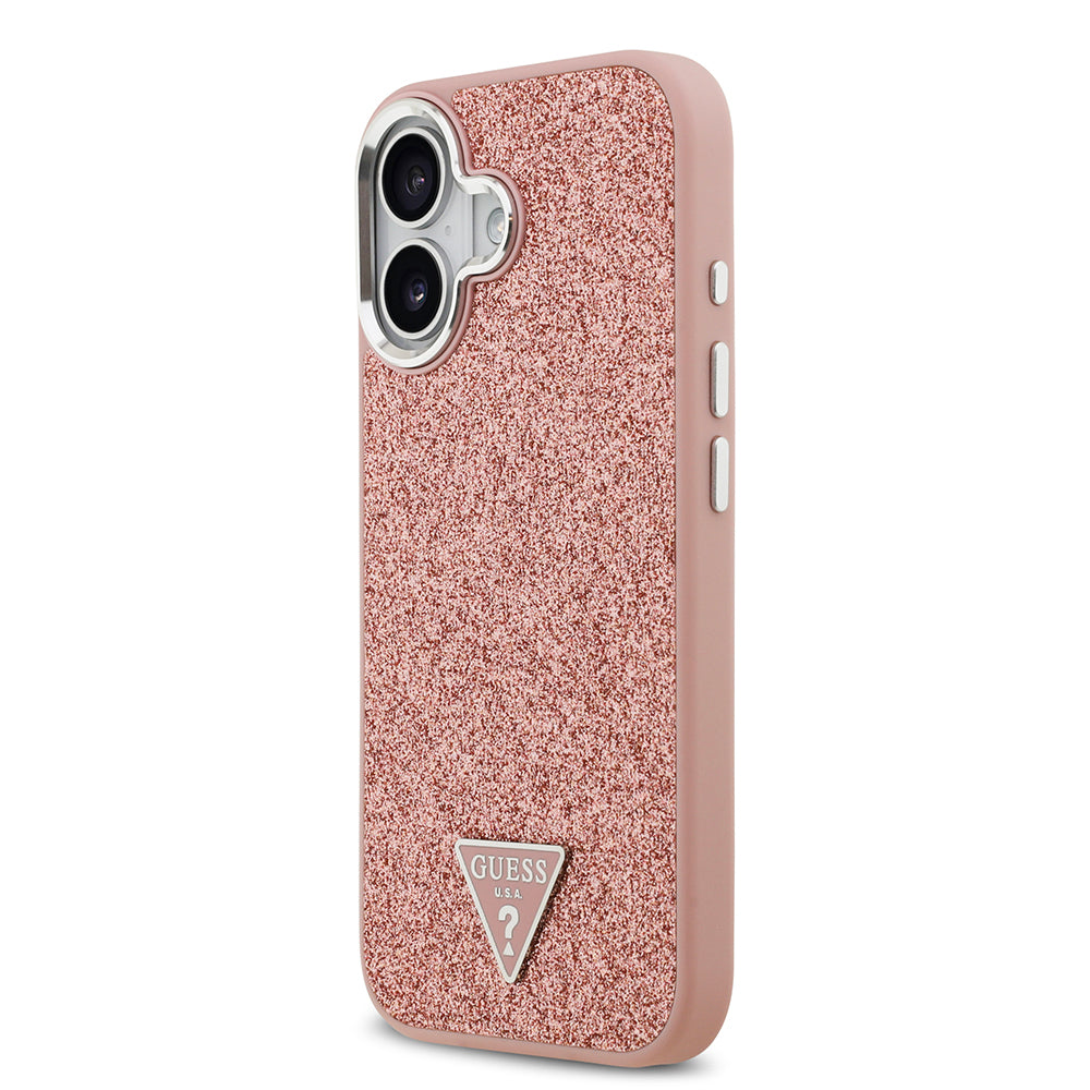 iPhone 17 Kılıf Guess Orijinal Lisanslı M-safe Şarj Özellikli Metal Kamera Çerçeveli Üçgen Logolu Glitter Kılıf