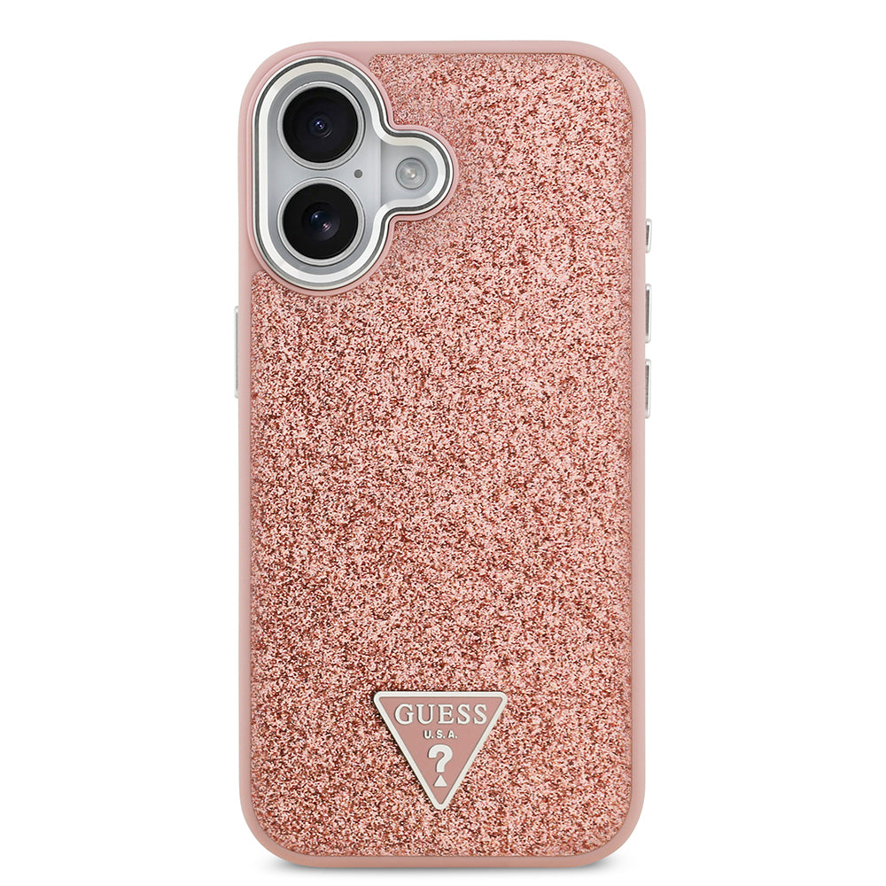 iPhone 17 Kılıf Guess Orijinal Lisanslı M-safe Şarj Özellikli Metal Kamera Çerçeveli Üçgen Logolu Glitter Kılıf