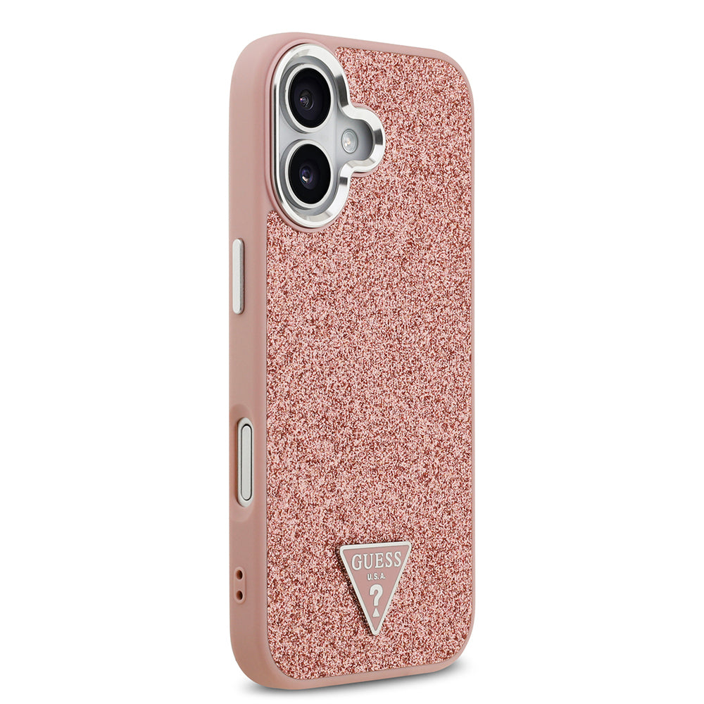 iPhone 17 Kılıf Guess Orijinal Lisanslı M-safe Şarj Özellikli Metal Kamera Çerçeveli Üçgen Logolu Glitter Kılıf