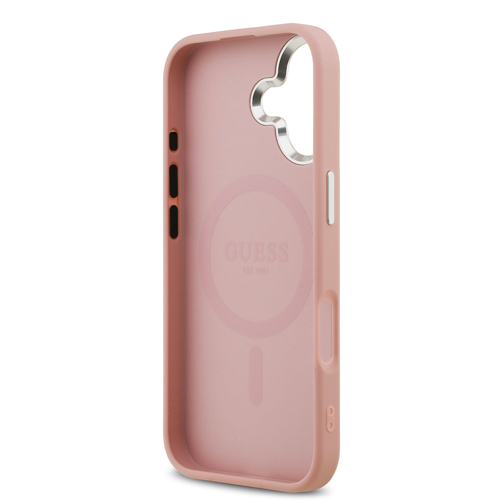 iPhone 17 Kılıf Guess Orijinal Lisanslı M-safe Şarj Özellikli Metal Kamera Çerçeveli Üçgen Logolu Glitter Kılıf