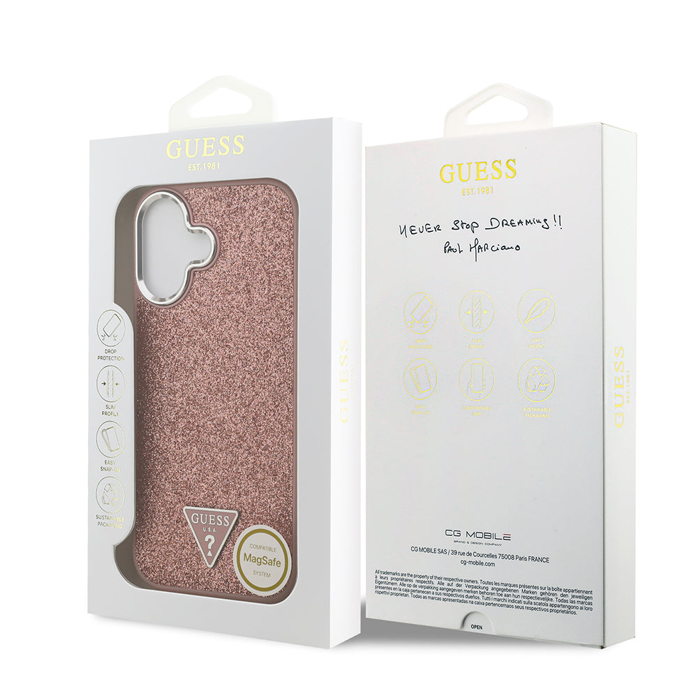 iPhone 17 Kılıf Guess Orijinal Lisanslı M-safe Şarj Özellikli Metal Kamera Çerçeveli Üçgen Logolu Glitter Kılıf