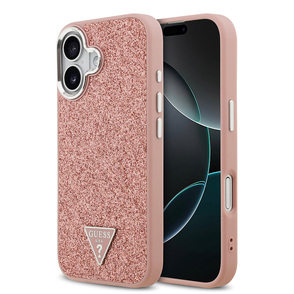 iPhone 17 Kılıf Guess Orijinal Lisanslı M-safe Şarj Özellikli Metal Kamera Çerçeveli Üçgen Logolu Glitter Kılıf