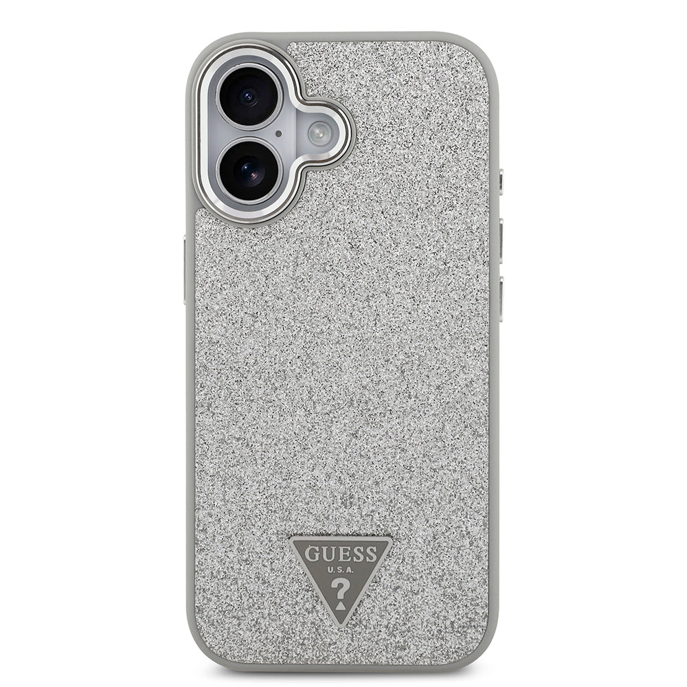 iPhone 17 Kılıf Guess Orijinal Lisanslı M-safe Şarj Özellikli Metal Kamera Çerçeveli Üçgen Logolu Glitter Kılıf