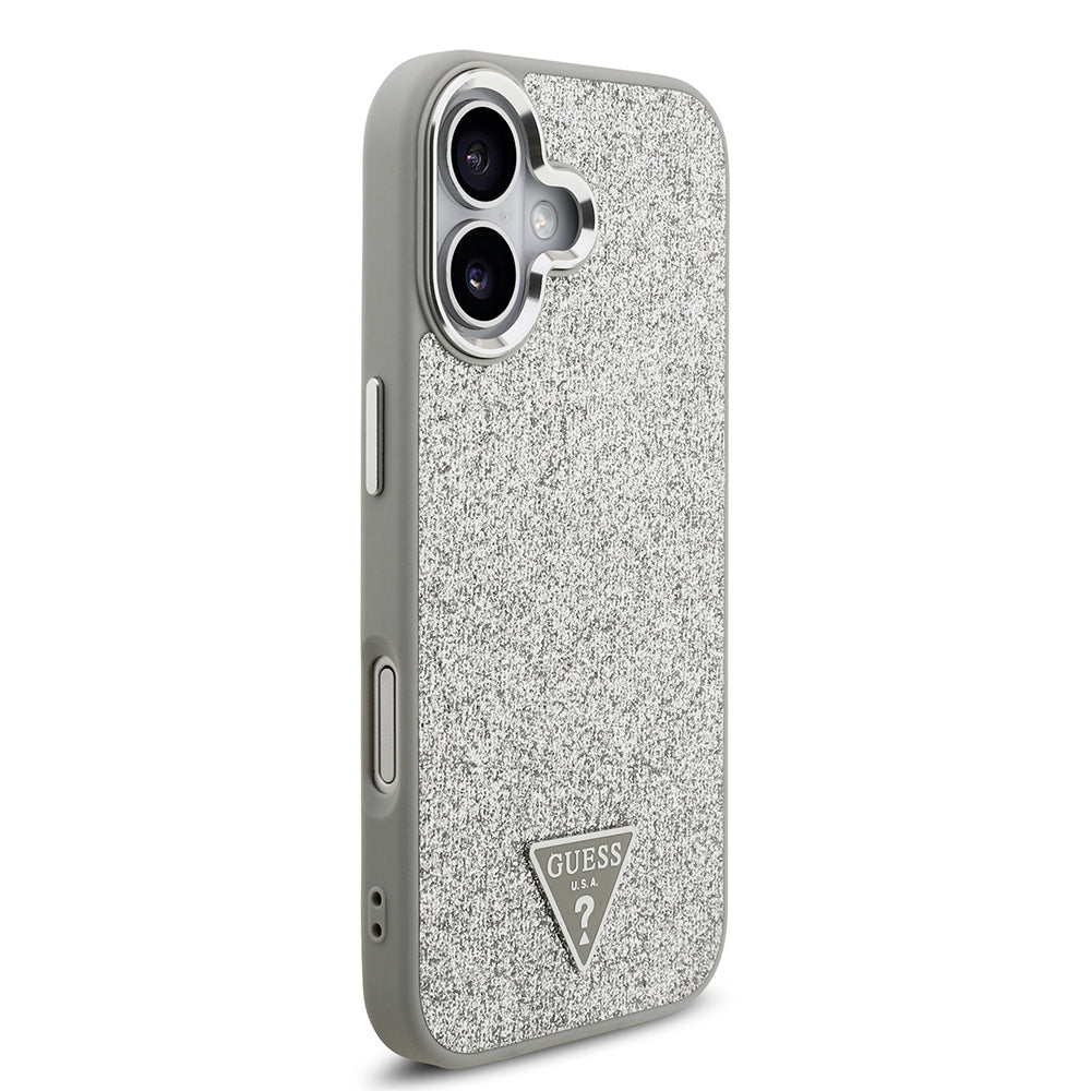 iPhone 17 Kılıf Guess Orijinal Lisanslı M-safe Şarj Özellikli Metal Kamera Çerçeveli Üçgen Logolu Glitter Kılıf