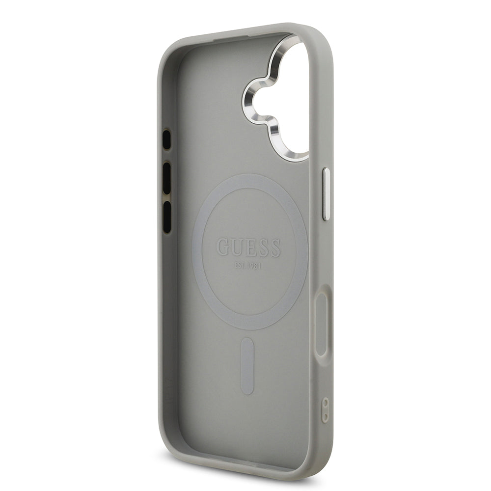 iPhone 17 Kılıf Guess Orijinal Lisanslı M-safe Şarj Özellikli Metal Kamera Çerçeveli Üçgen Logolu Glitter Kılıf