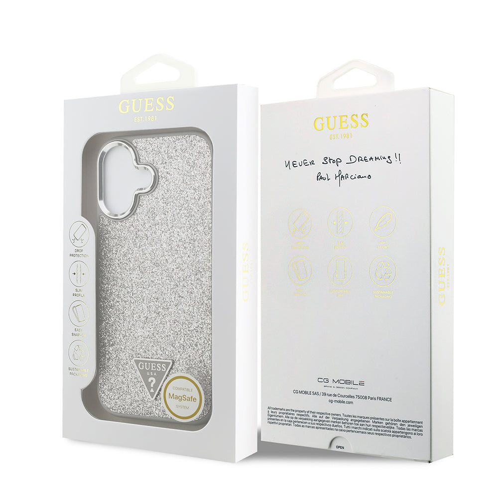 iPhone 17 Kılıf Guess Orijinal Lisanslı M-safe Şarj Özellikli Metal Kamera Çerçeveli Üçgen Logolu Glitter Kılıf
