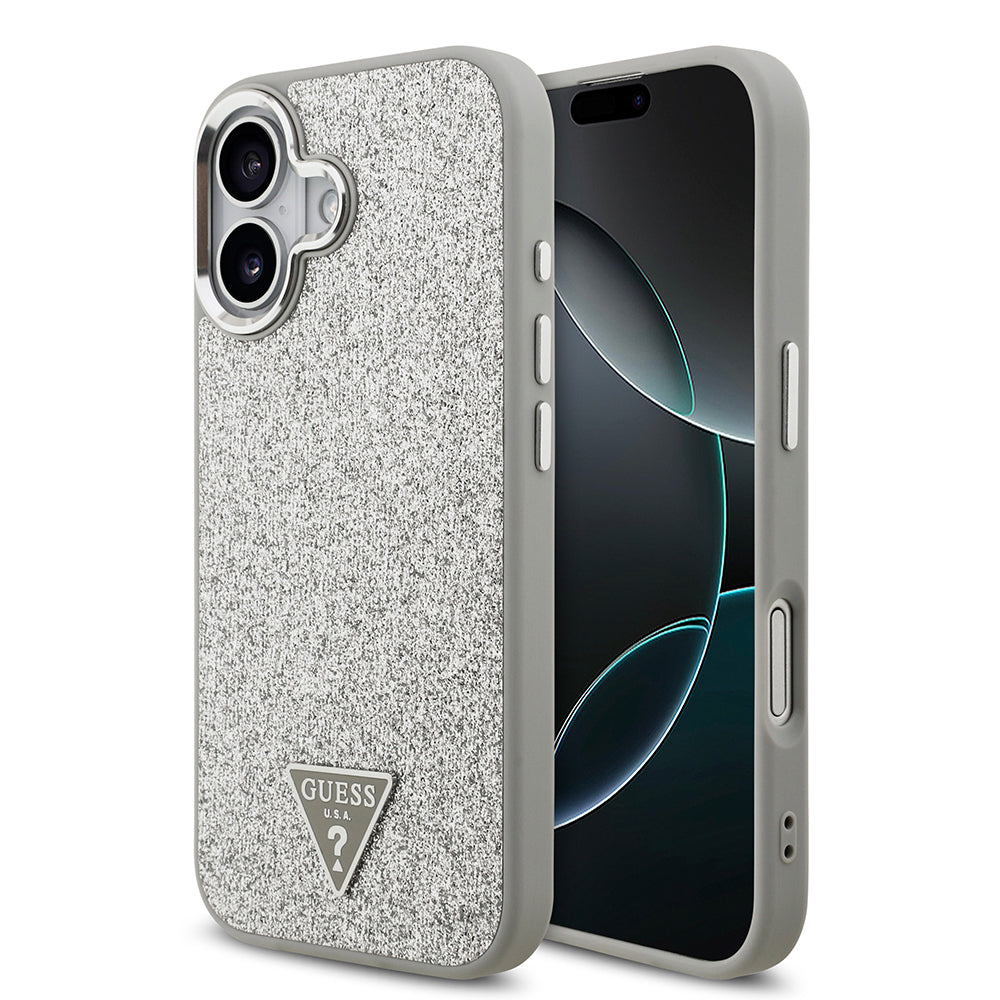 iPhone 17 Kılıf Guess Orijinal Lisanslı M-safe Şarj Özellikli Metal Kamera Çerçeveli Üçgen Logolu Glitter Kılıf