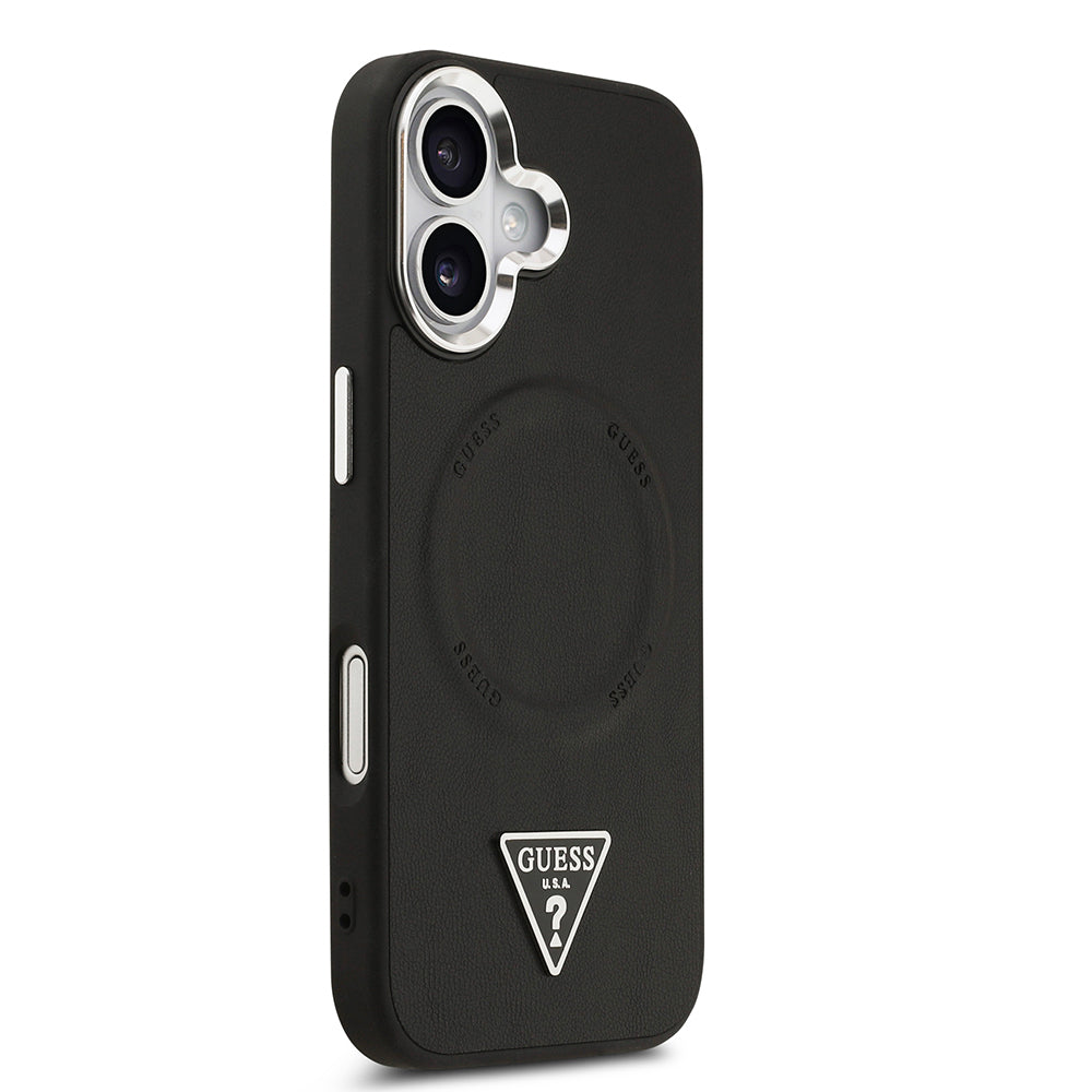 iPhone 17 Kılıf Guess Orijinal Lisanslı M-safe Şarj Özellikli PU Deri Metal Kamera Çerçeveli Üçgen Logolu Kılıf