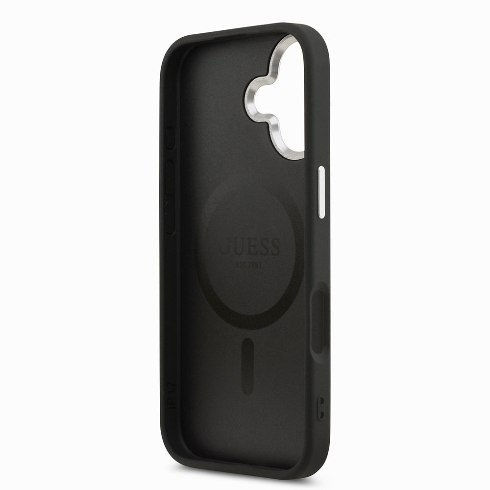 iPhone 17 Kılıf Guess Orijinal Lisanslı M-safe Şarj Özellikli PU Deri Metal Kamera Çerçeveli Üçgen Logolu Kılıf