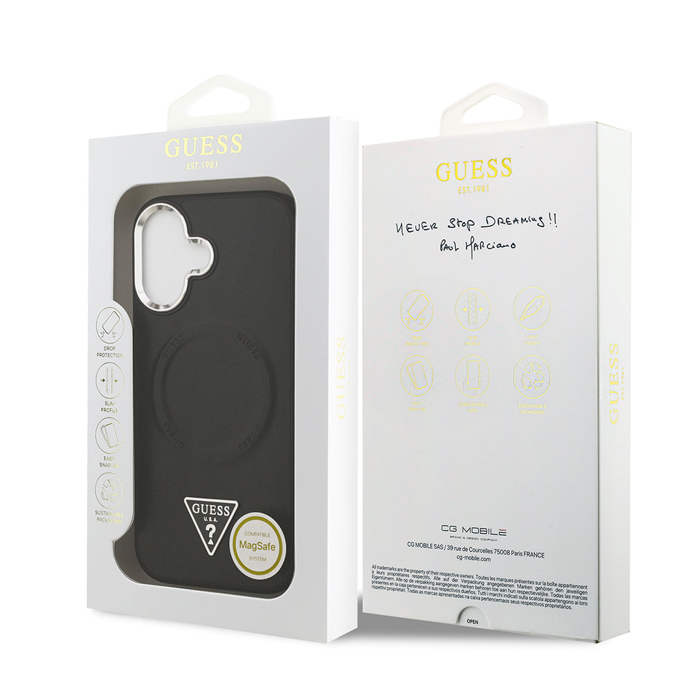 iPhone 17 Kılıf Guess Orijinal Lisanslı M-safe Şarj Özellikli PU Deri Metal Kamera Çerçeveli Üçgen Logolu Kılıf