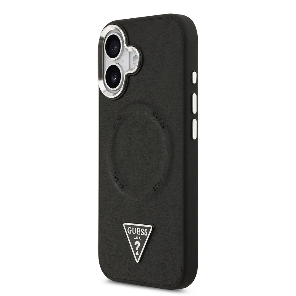 iPhone 17 Kılıf Guess Orijinal Lisanslı M-safe Şarj Özellikli PU Deri Metal Kamera Çerçeveli Üçgen Logolu Kılıf