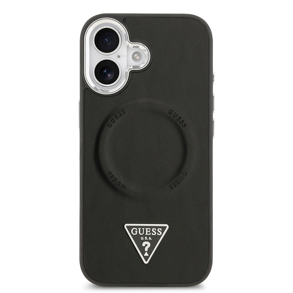 iPhone 17 Kılıf Guess Orijinal Lisanslı M-safe Şarj Özellikli PU Deri Metal Kamera Çerçeveli Üçgen Logolu Kılıf