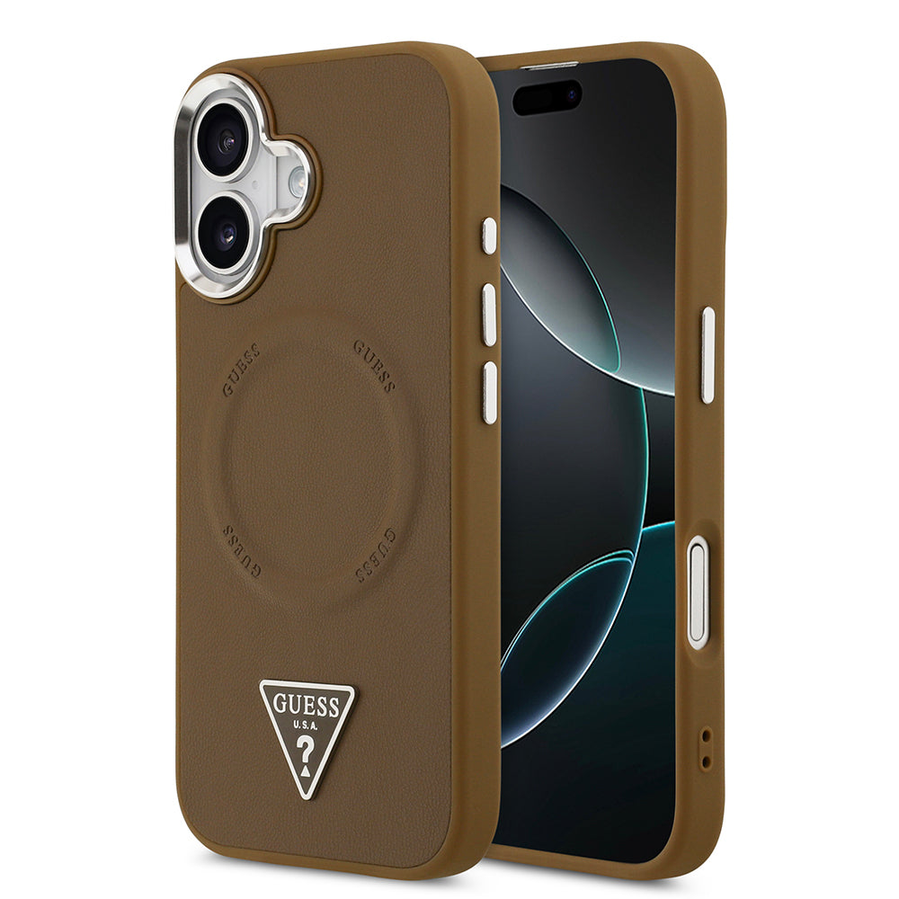 iPhone 17 Kılıf Guess Orijinal Lisanslı M-safe Şarj Özellikli PU Deri Metal Kamera Çerçeveli Üçgen Logolu Kılıf