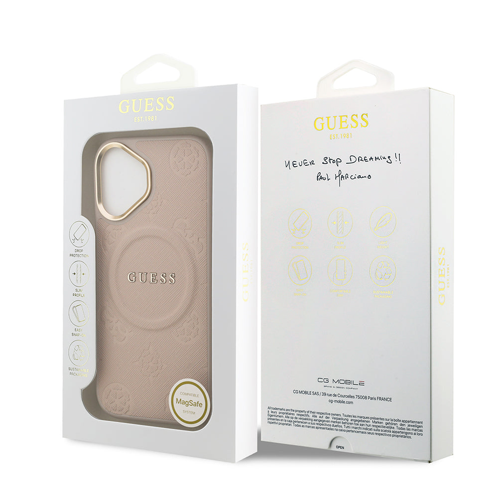 iPhone 17 Kılıf Guess Orijinal Lisanslı M-safe Şarj Özellikli Sıcak Baskılı Yazı Logolu PU Deri Peony Kılıf