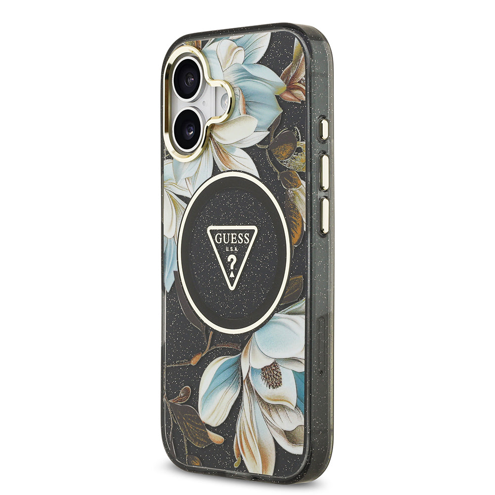 iPhone 17 Kılıf Guess Orijinal Lisanslı M-safe Şarj Özellikli Simli Çiçek Desenli Metal Kamera Çerçeveli Üçgen Logolu Kılıf