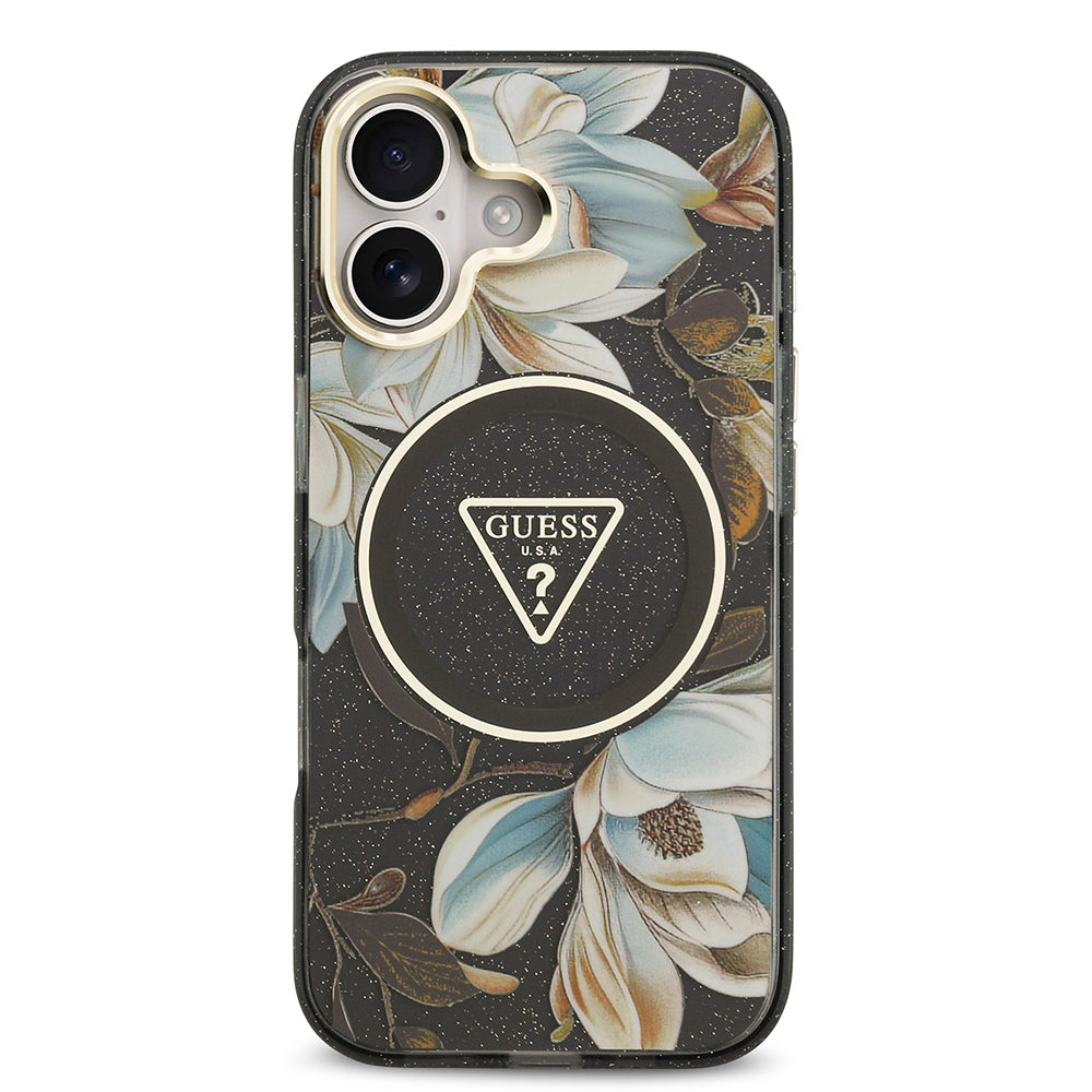 iPhone 17 Kılıf Guess Orijinal Lisanslı M-safe Şarj Özellikli Simli Çiçek Desenli Metal Kamera Çerçeveli Üçgen Logolu Kılıf