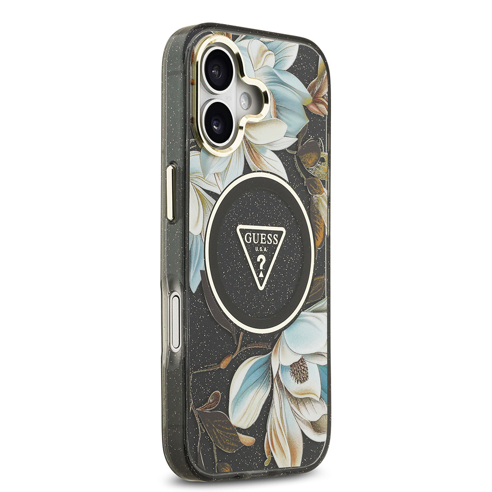 iPhone 17 Kılıf Guess Orijinal Lisanslı M-safe Şarj Özellikli Simli Çiçek Desenli Metal Kamera Çerçeveli Üçgen Logolu Kılıf