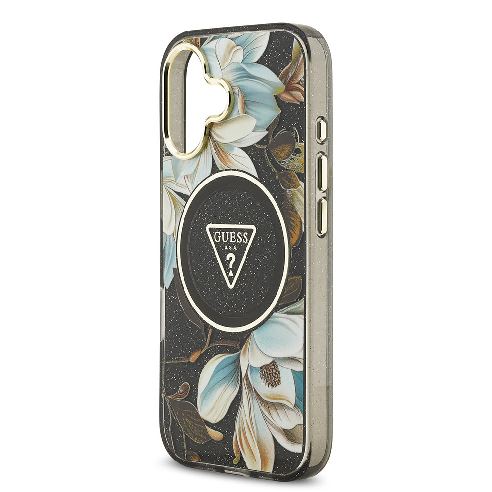 iPhone 17 Kılıf Guess Orijinal Lisanslı M-safe Şarj Özellikli Simli Çiçek Desenli Metal Kamera Çerçeveli Üçgen Logolu Kılıf