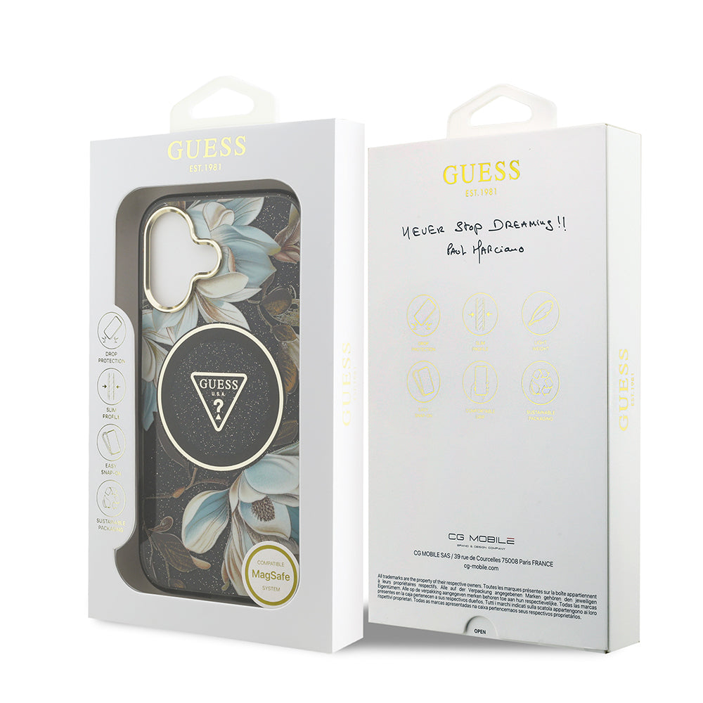 iPhone 17 Kılıf Guess Orijinal Lisanslı M-safe Şarj Özellikli Simli Çiçek Desenli Metal Kamera Çerçeveli Üçgen Logolu Kılıf