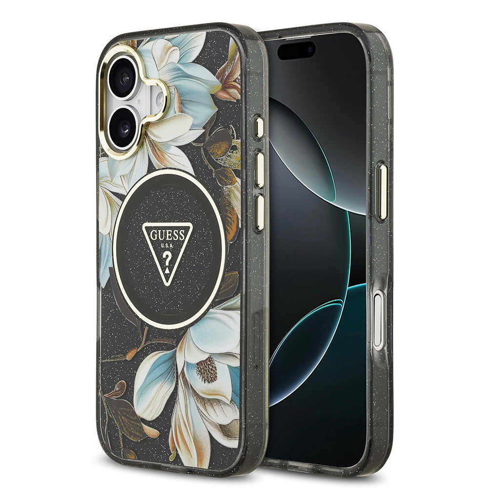 iPhone 17 Kılıf Guess Orijinal Lisanslı M-safe Şarj Özellikli Simli Çiçek Desenli Metal Kamera Çerçeveli Üçgen Logolu Kılıf