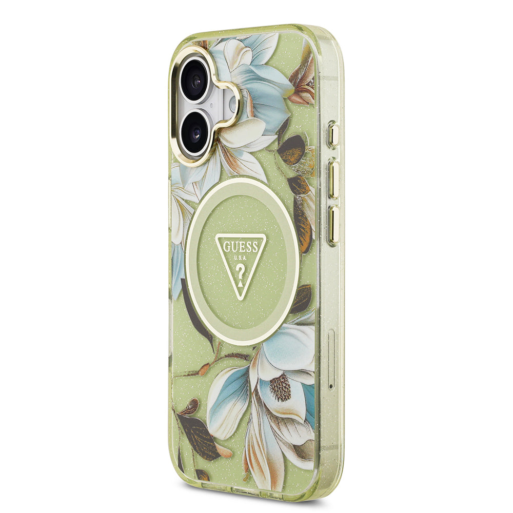 iPhone 17 Kılıf Guess Orijinal Lisanslı M-safe Şarj Özellikli Simli Çiçek Desenli Metal Kamera Çerçeveli Üçgen Logolu Kılıf