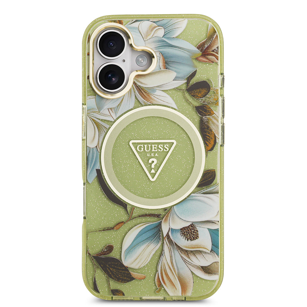 iPhone 17 Kılıf Guess Orijinal Lisanslı M-safe Şarj Özellikli Simli Çiçek Desenli Metal Kamera Çerçeveli Üçgen Logolu Kılıf